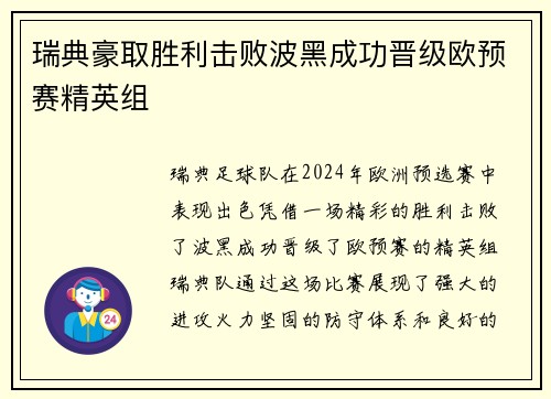 瑞典豪取胜利击败波黑成功晋级欧预赛精英组