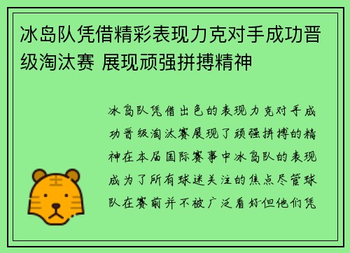 冰岛队凭借精彩表现力克对手成功晋级淘汰赛 展现顽强拼搏精神