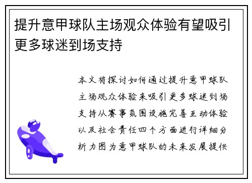 提升意甲球队主场观众体验有望吸引更多球迷到场支持