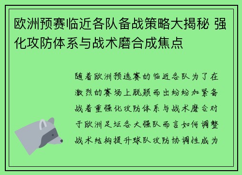 欧洲预赛临近各队备战策略大揭秘 强化攻防体系与战术磨合成焦点